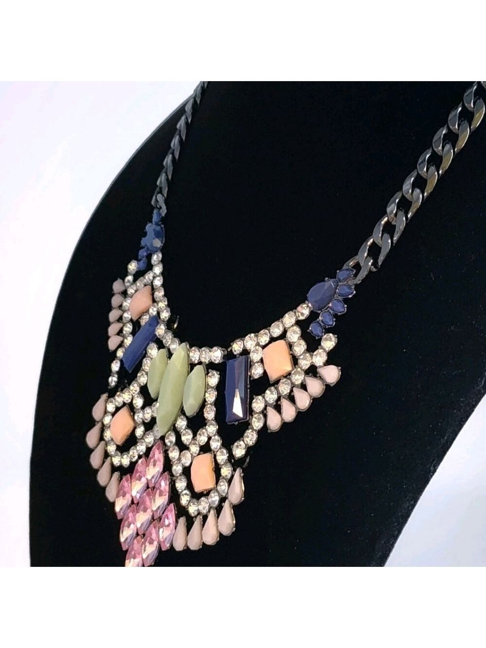LORI GOLDSTEIN LOGO RUNWAY STATEMENT COLLAR NECKLACE PINK BLUE CRYSTAL GUNMETAL - Picture 8 of 14
